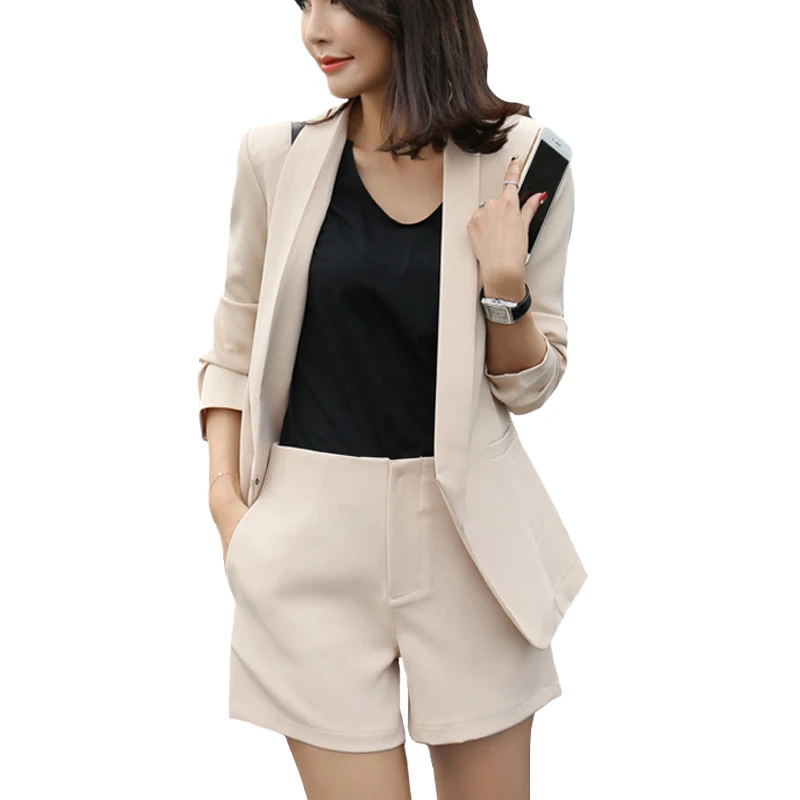 

Women Office Lady Khaki Solid Short Pant Summer Suits Two Piece Fashion Notched Jacket Blazer Mini Shorts Femme 2 Sets Clothes