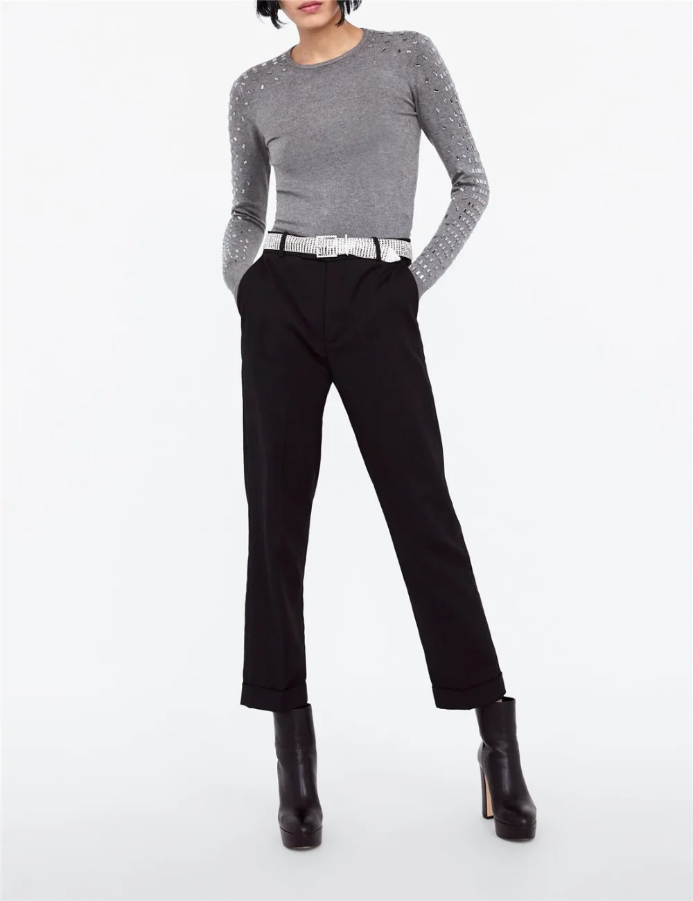 Arvinxia ZA модные облегающие Женские свитера с круглым вырезом, Новые однотонные женские свитера с аппликацией, шикарные рубашки с высокой талией и длинными рукавами