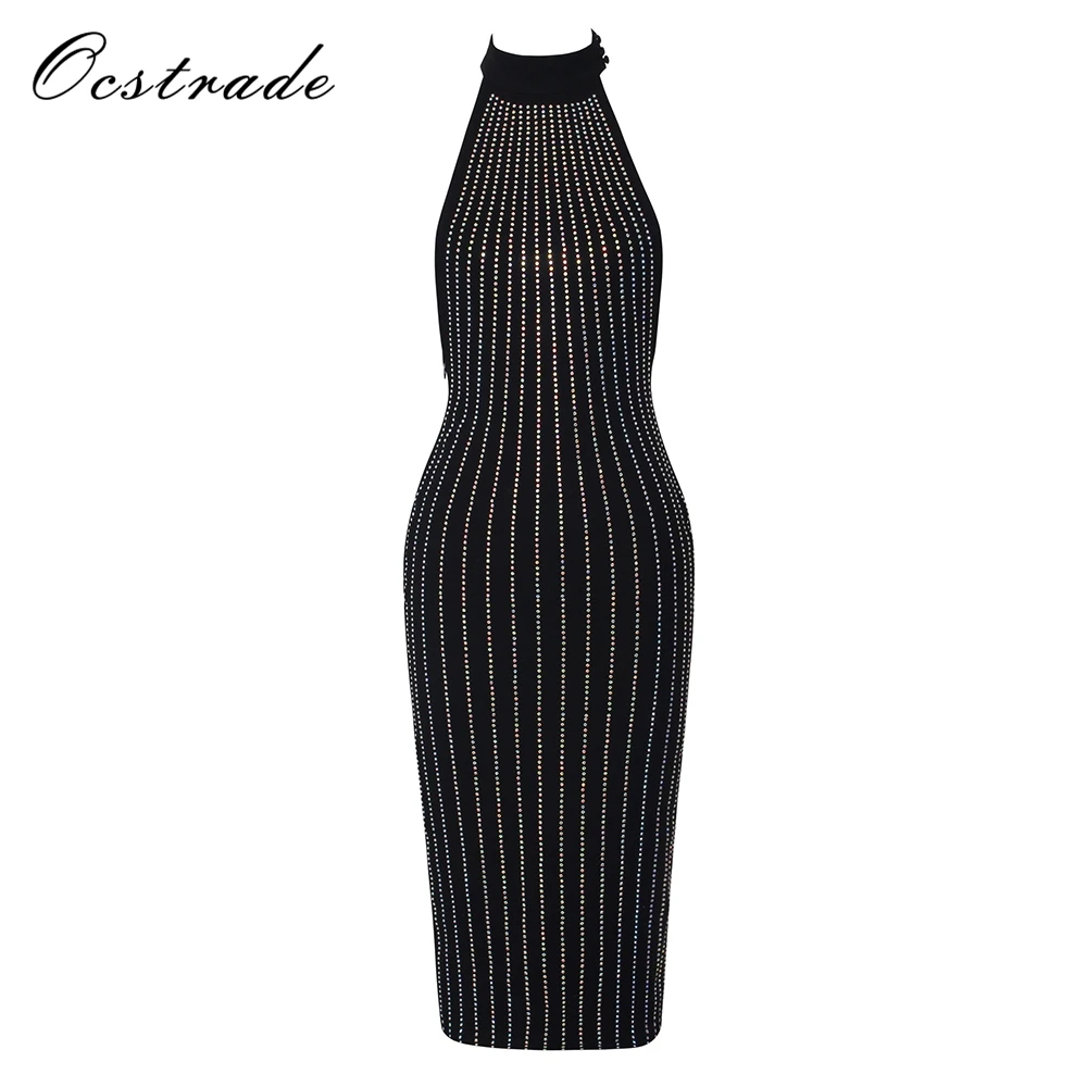 Ocstrade сексуальные платья новое поступление черное с высоким воротом без рукавов миди с бисером сзади с разрезом сексуальное облегающее платье
