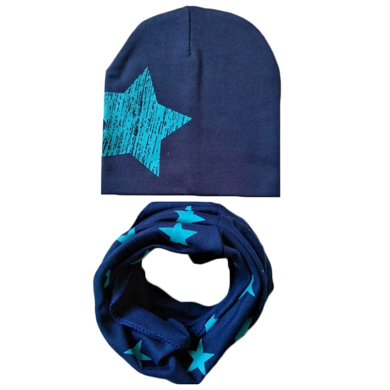 Детская шапка, Детская вязаная шапочка, детская зимняя шапочка, принт со звездой, шарф на шею, воротник, теплая шапка, комплект для малышей, капюшон, хлопок, теплая шапка, шарф - Цвет: B blue