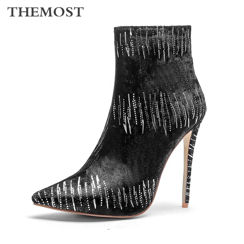 

ARQA brand fashion striped ladies ankle boots zipper high heel warm short plush lining black woman boots zapatos de mujer