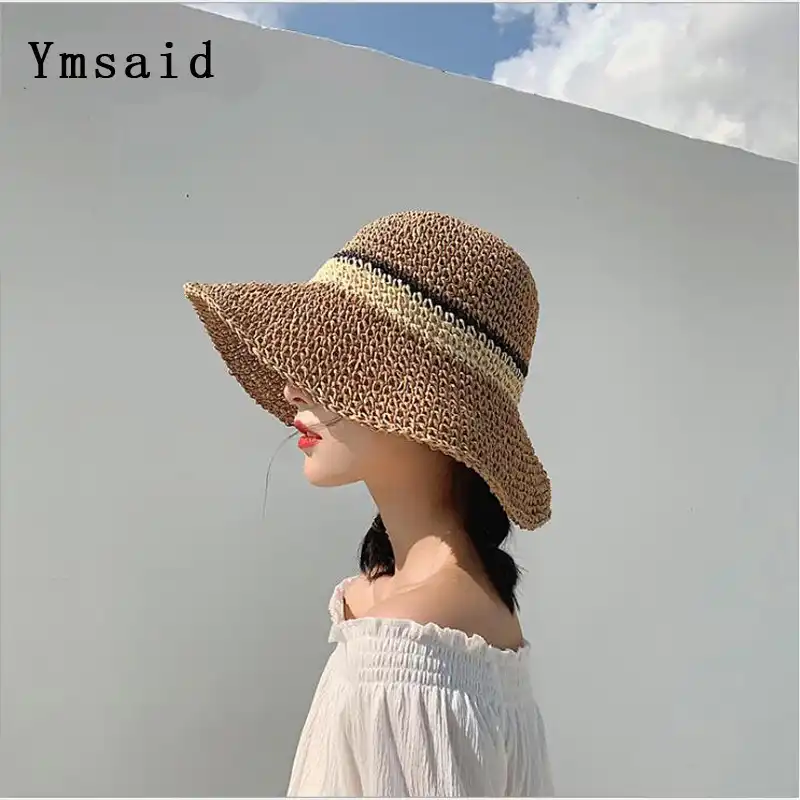 Ymsaidラウンド女性の夏帽子手織つばわら帽子ファッション女性太陽キャップ折りたたみボヘミアビーチキャップ 日よけ帽子 Aliexpress
