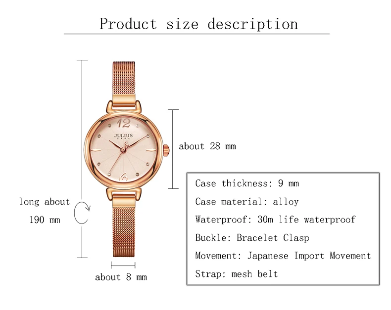 Julius бренд леди кристалл циферблат часы Нержавеющая сталь сетка ремень розовое золото цвет браслет наручные часы женские Reloj Mujer подарки