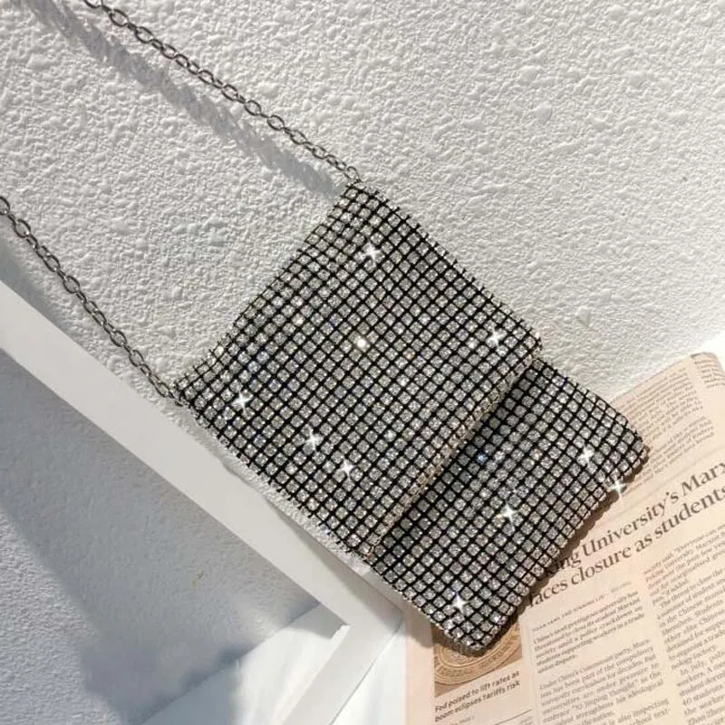 

Fashion Simple Small Flap Purse Women's Manual Crystal Designer Chain Shoulder Bags PU Leather Chain Mobile Phone Purse Bags