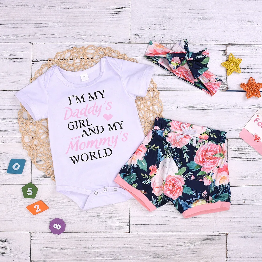

Infant Girls Baby Clothing Letter Print Romper Bodysuit + Floral Short + Headband Outfit Newborn Baby Clothes Roupa Infantil
