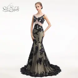 Qsyye пикантные Длинные Русалка Выпускные платья 2018 халат De Soiree прозрачный o-образным вырезом без рукавов Кружево Блёстки Формальные