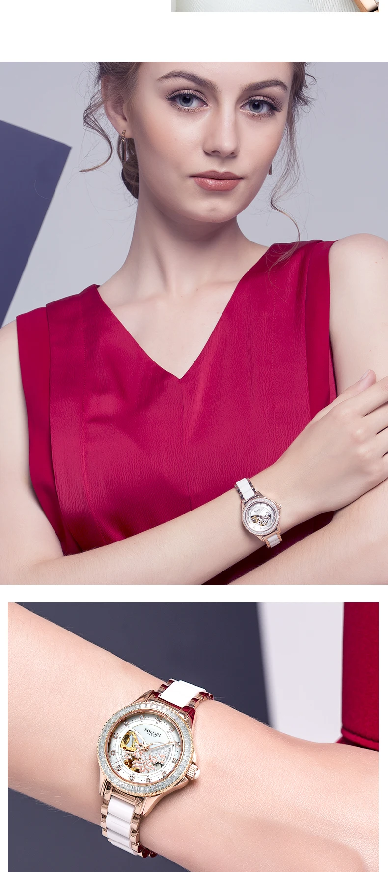 SOLLEN роскошные женские часы Стальные водонепроницаемые часы Керамические розовое золото ремешок автоматические механические часы для девочек Relogio Feminino