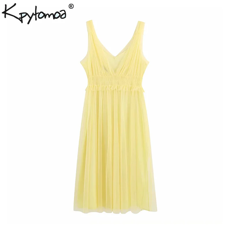 

Vintage Stylish Ruffled Tulle Midi Strap Dress Women 2019 Fashion V Neck Sleeveless Pleated Mesh Dresses Casual Vestidos Mujer