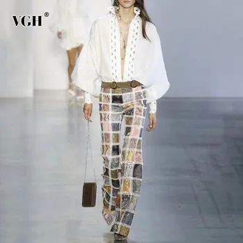 

VGH Summer Solid Hollow Out Women's Shirt Turtleneck Lantern Sleeve Button With Vest 2020 Vintage Blouses Top Female Fashion New