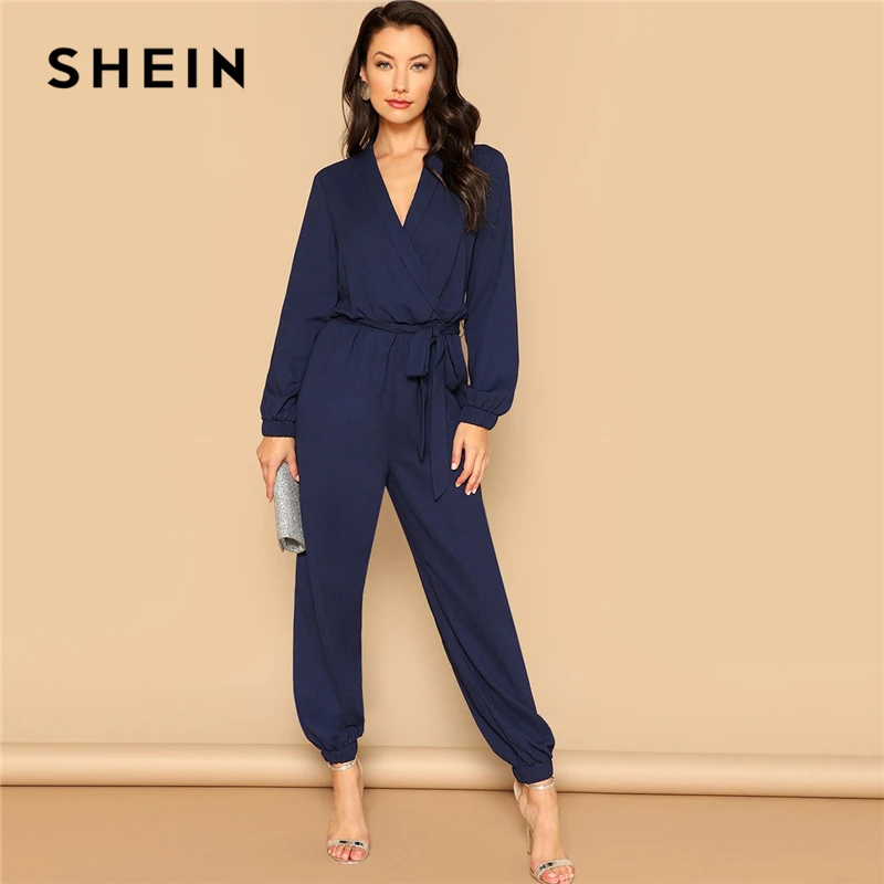 SHEIN Однотонный Комбинезон С Глубоким Вырезом И Поясом Элегантный Комбинезон С Длинным Рукавом