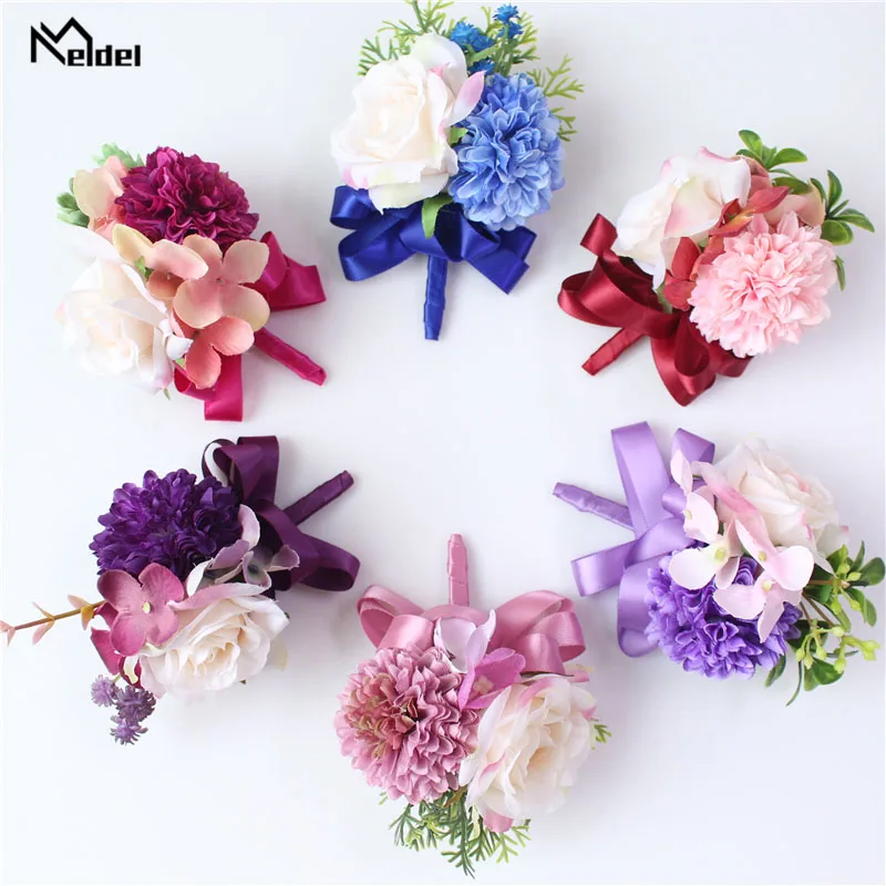 

Meldel Corsage Groom Boutonniere Pin Bridal Wrist Corsage Bridesmaid Bracelet Men Marriage Party Meeting Flower Accessories
