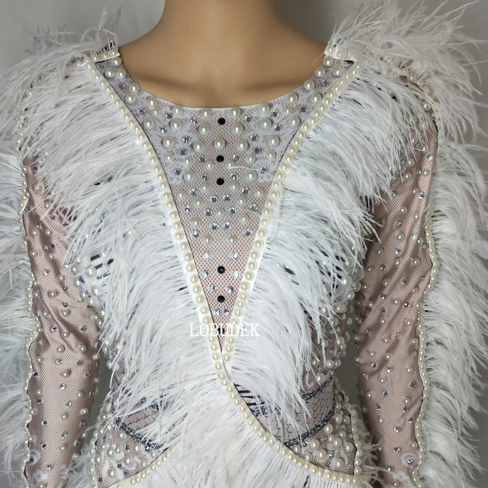Обувь для ночного клуба женские певица костюм белые перья жемчуг боди сверкающие кристаллы колготки одежда для сцены танцор джазовое