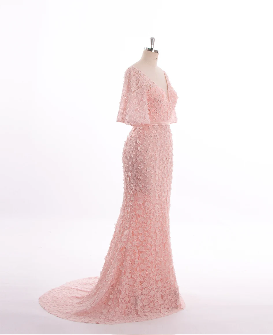 Роскошное вечернее платье русалки с коротким рукавом и длинным v-образным вырезом, женские элегантные вечерние платья с розовыми цветами и жемчужинами