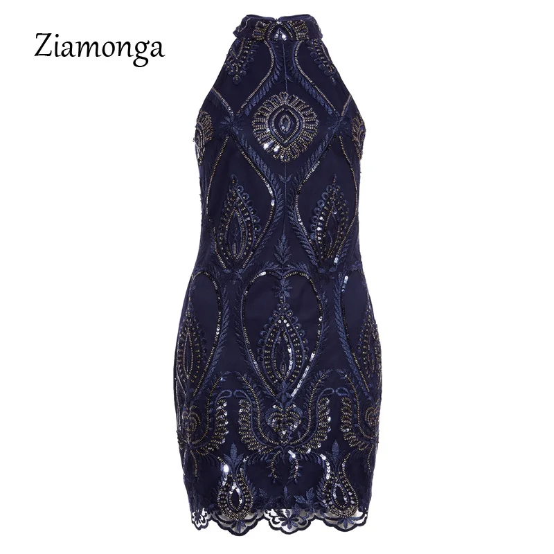 Ziamonga, синее прозрачное кружевное платье с блестками, Vestidos, облегающее платье без рукавов с высокой горловиной, облегающее мини Клубное вечернее платье, женская одежда