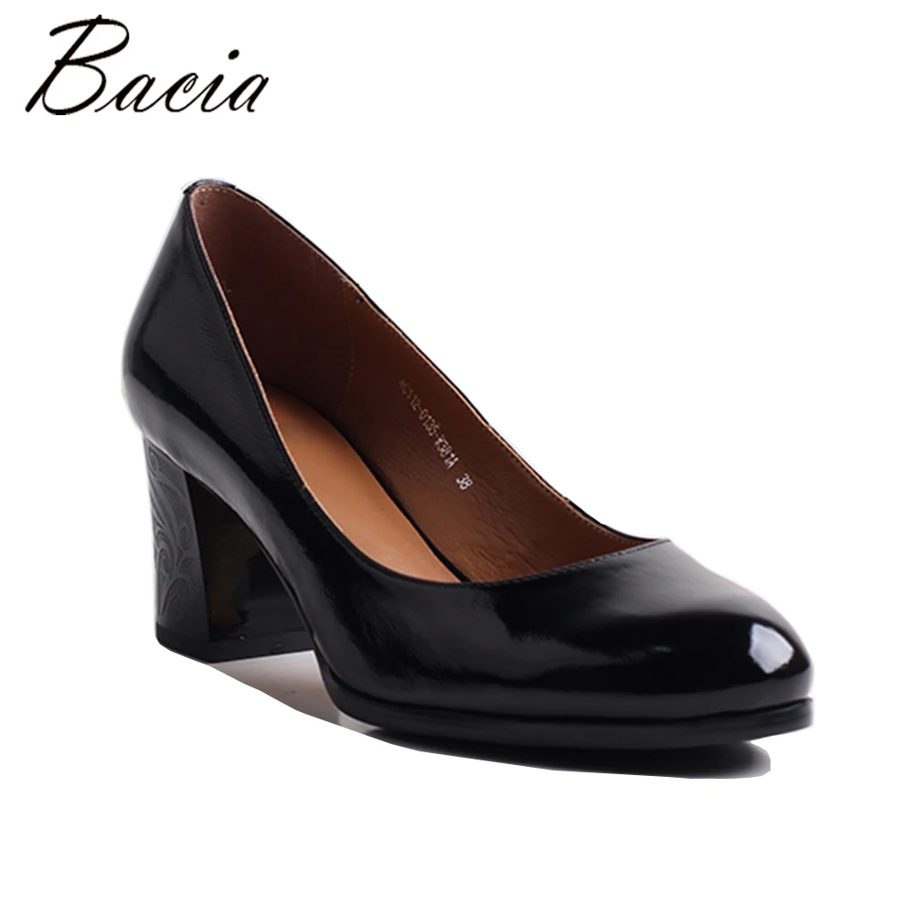 

Bacia Genuine Leather shoes Women Round Head Pumps Sapato feminino High Heels Patent Leather Fashion Black Party Shoe2018 VXB045