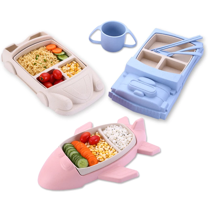 2pcs/set Baby Feeding Plate Children Plastic Tableware Plane Tray Infant Removable Dishes Bamboo Fiber Toddler Training Bowls