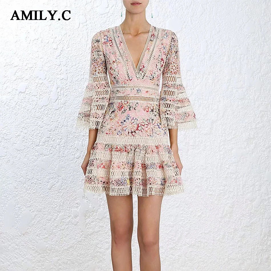 

Amily.c 2018 New Spring Women Dress Flare Sleeves V Neck Sexy A-line Bow Print Dress Celebrity Party Dresses Wholesale Vestidos