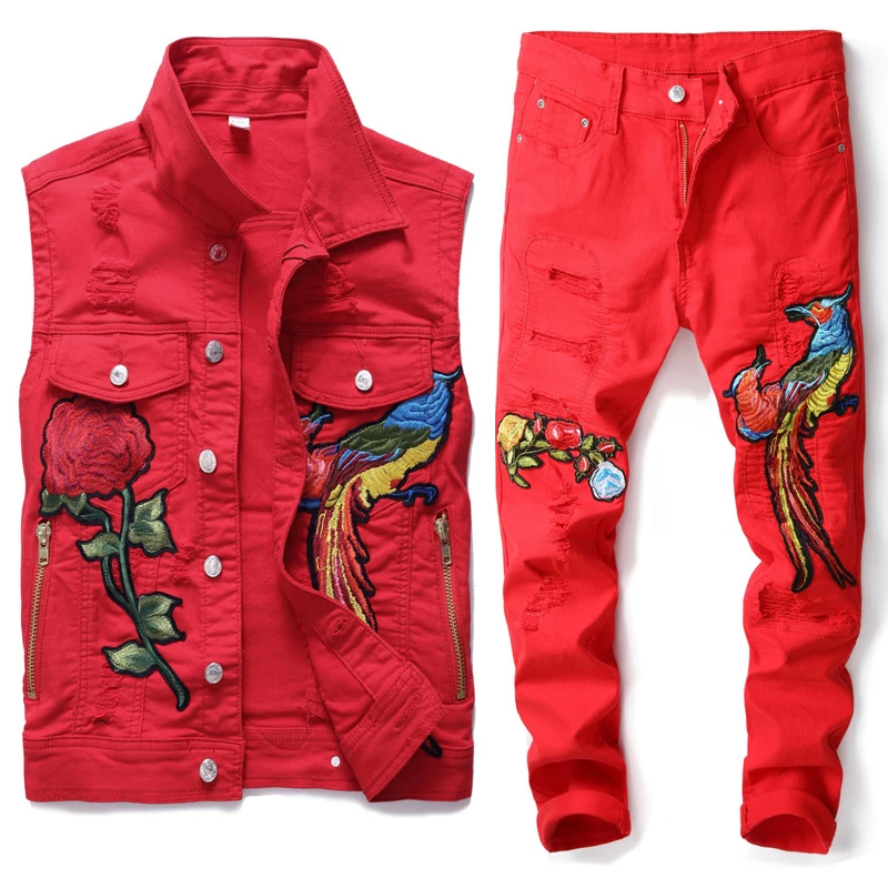 

European Stye Spring Mens Hip Hop Hole Destroyed Embroidery Floral Animal Red Denim Vests+Pants 2019 Famous Brand 2PCS Twinsets
