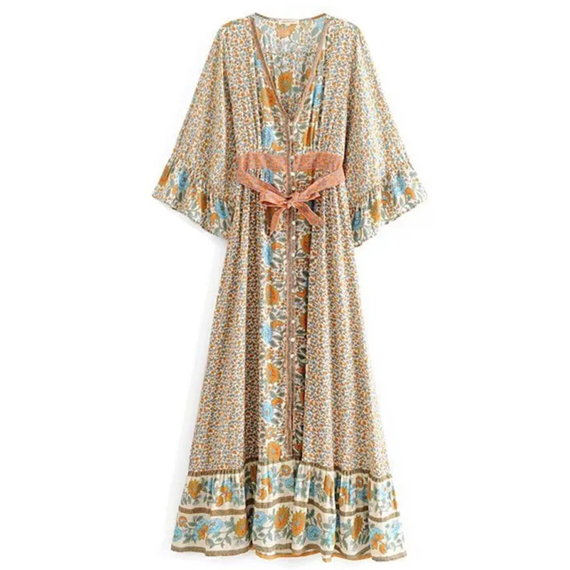 

2019 Women BOHO Dress Beige Bow Sashes Single-breasted Button Flare Sleeve Maxi long Swing Dresses V neck Sunflower Floral Print