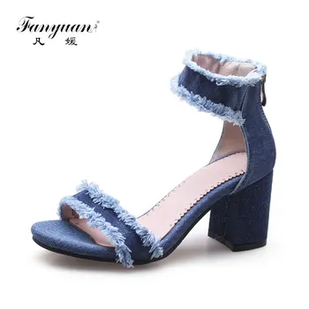

fanyuan women sandals denim summer shoes 7cm high heels sandals tassel high quality thick heels ladies footwear Plus size 43