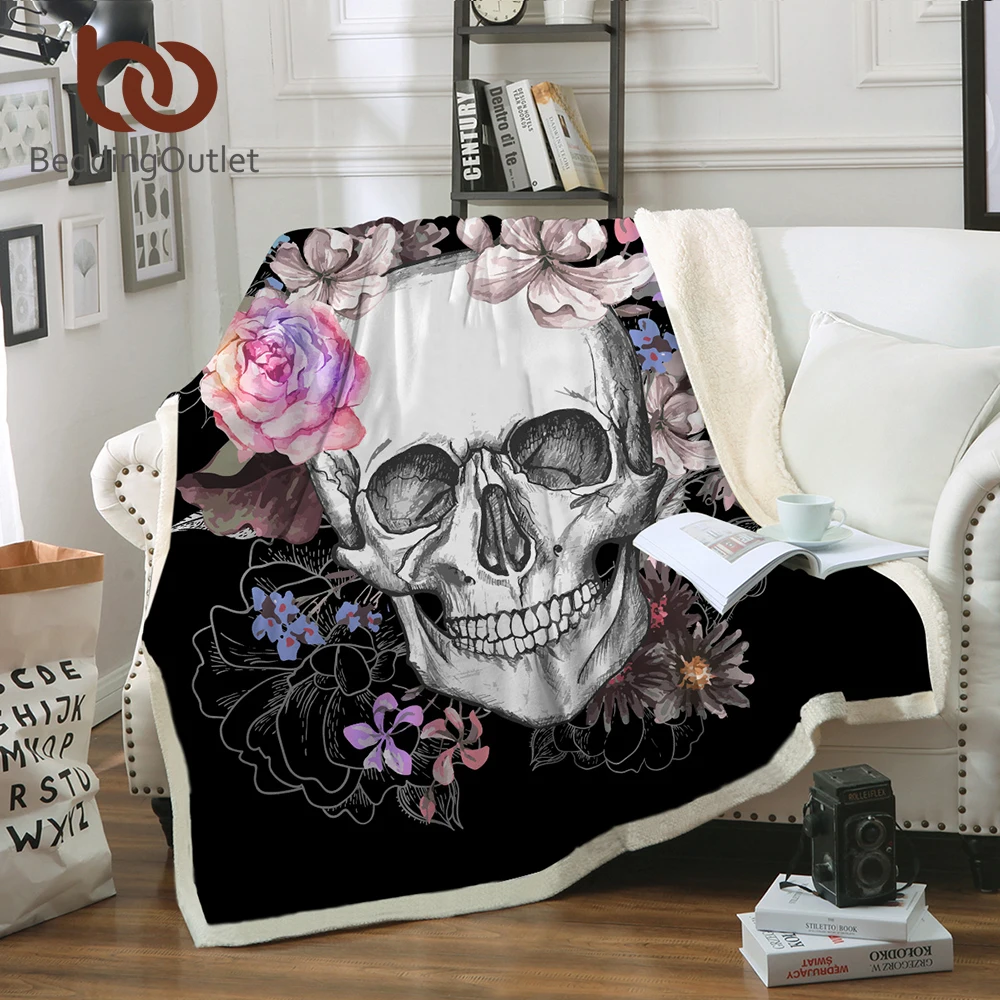 BeddingOutlet Sugar Skull Collection Blanket for Adults Microfiber Floral Plush Sherpa Throw Blanket on Sofa Gothic Bedding