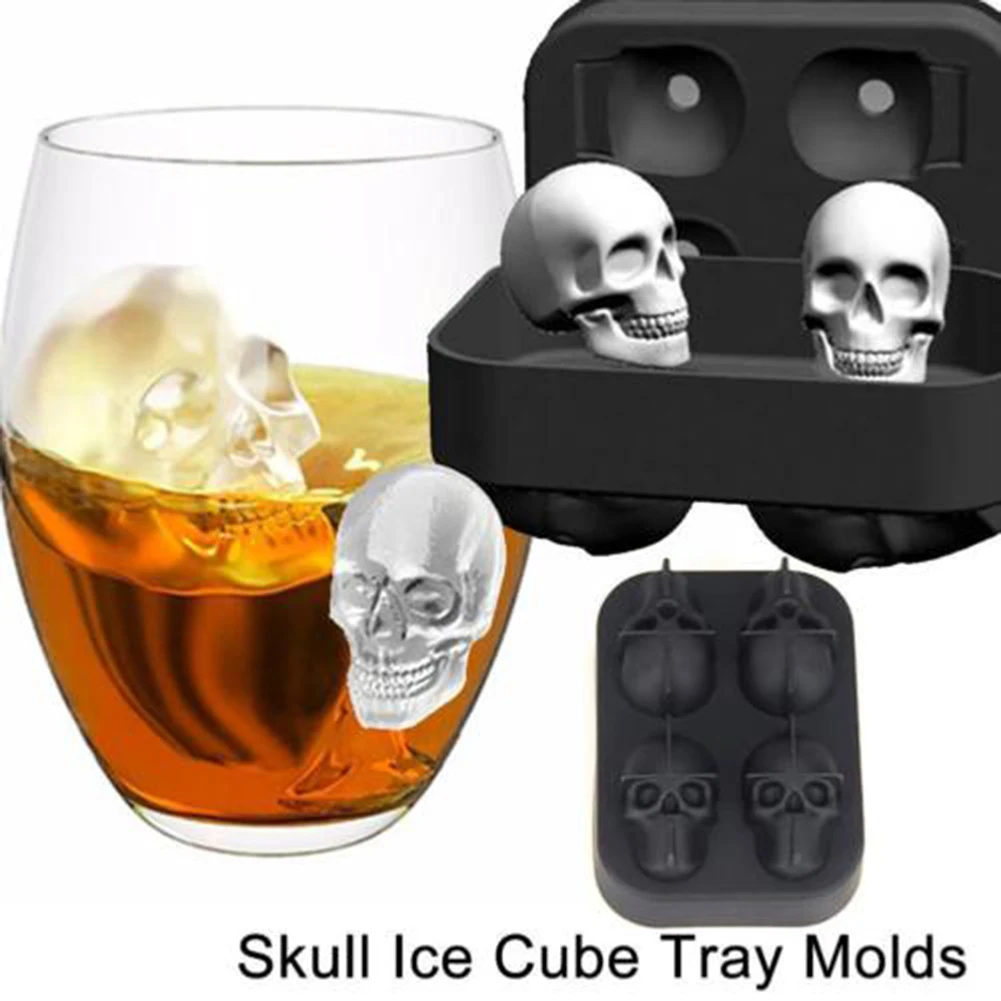 YOLALA Halloween Flexible 3D Skull Silicone Ice Cube Mold Tray Makes Four Giant Skulls Round Ice