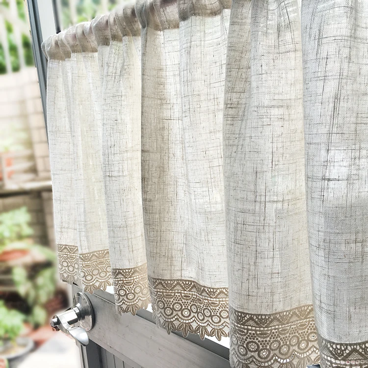 rustic short kitchen curtain with lace finished kitchen curtainin