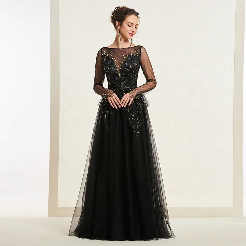 rose gold prom dress Tanpell Beading prom dresses scoop neck long sleeves floor length a line gown women button party custom long black prom dress pretty prom dresses Prom Dresses