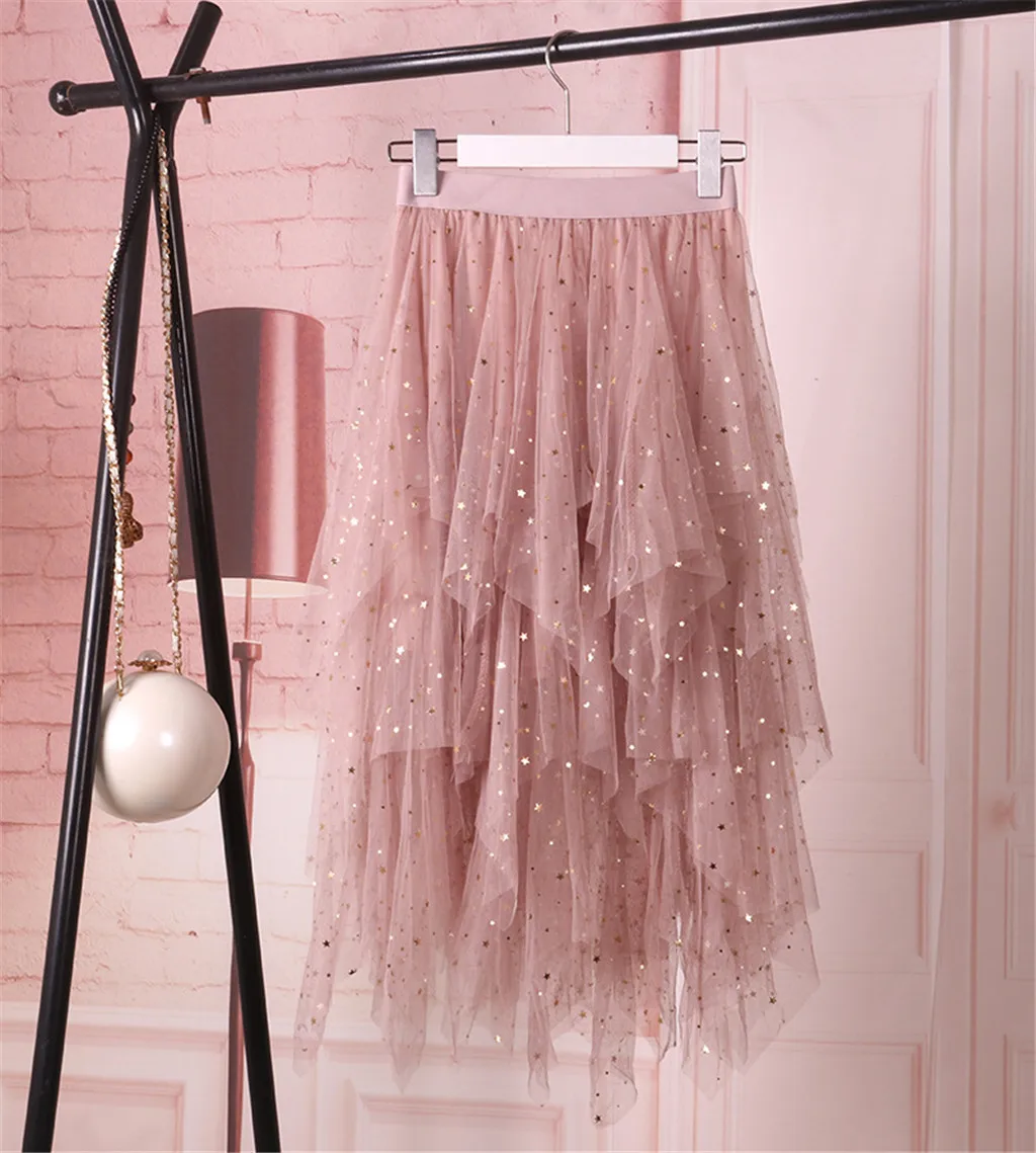 

Womail 2019 Summer Skirts Women's Fashion Skirts Summer High Elastic Waist Mesh Pleated Sparkle Lady Tulle Skirts Dropship May9