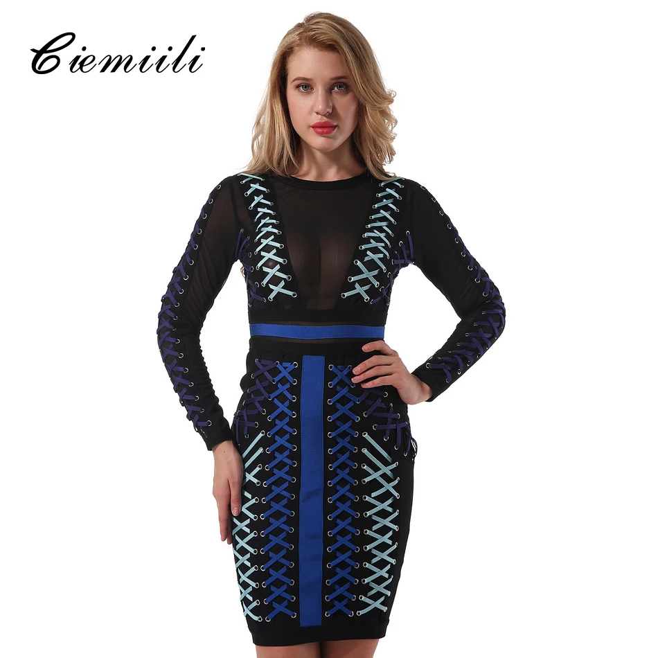 

CIEMIILI 2018 Women Dress With Mesh Patchwork Bandage Dress Elegant Party Fashion O Neck Cross Tips Sexy Bodycon Club Vestido