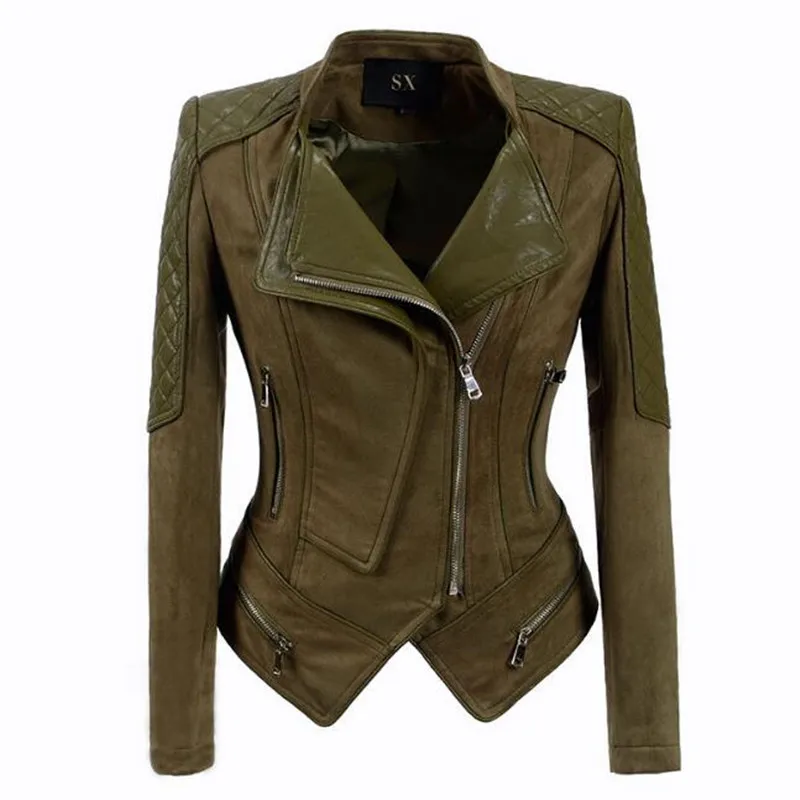 

Women Army green Faux Suede Biker Jacket Chic Spliced Leather Shrug Shoulder Pads Double Lapels Zipper Exposed