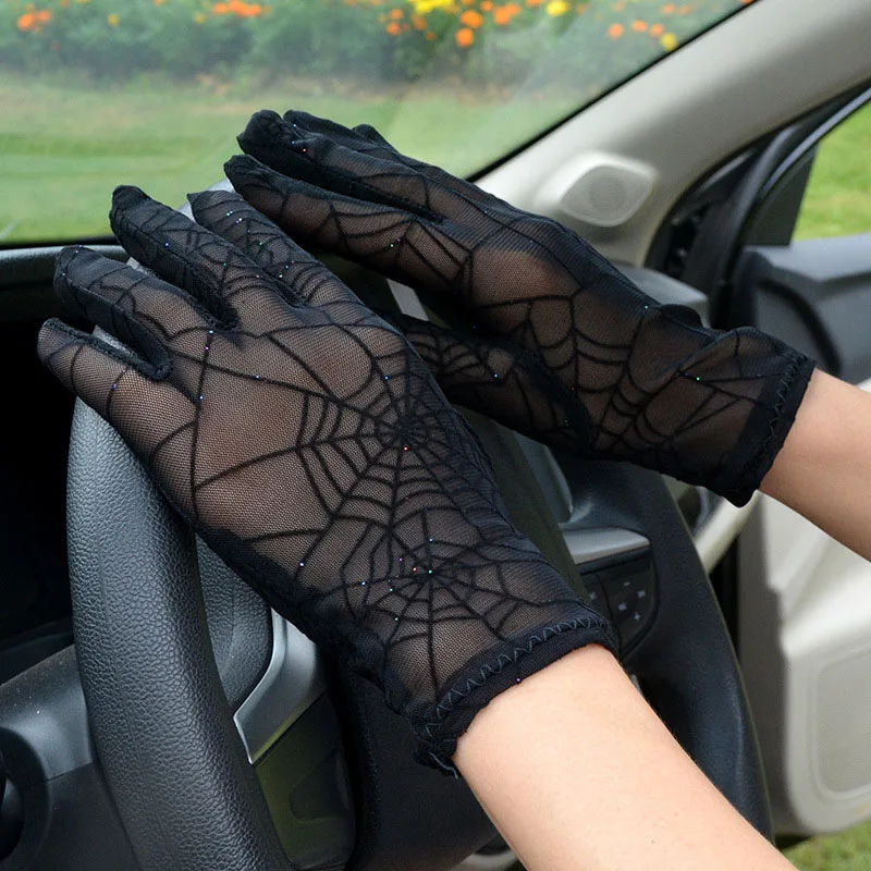 Fashion Sexy Summer Female Full Finger Sunscreen Short Lace Gloves Women Driving Spider Web Pattern Sun Anti-UV Black Gloves C48 - Цвет: C10 Black