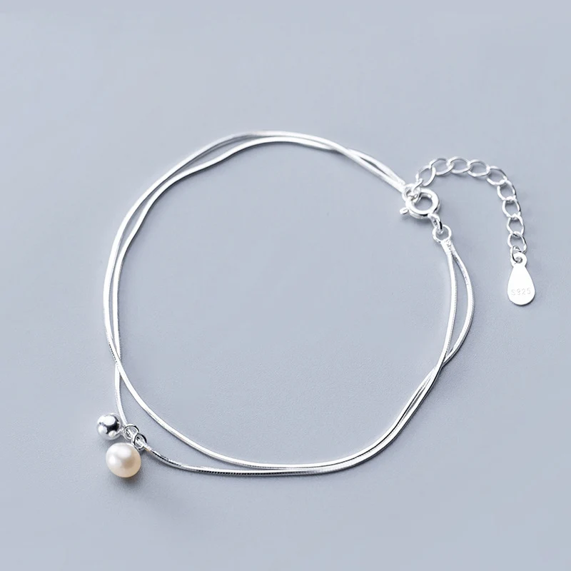 

La MaxZa Round Simulated Pearl Bead Charm Double Layer Box Chain Bracelets For Women 925 Sterling Silver Bracelet Minimalist