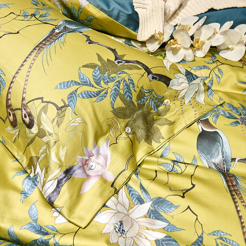 Yellow Chinoiserie Style Birds Flowers Cover Bed Set Na01 Iawear