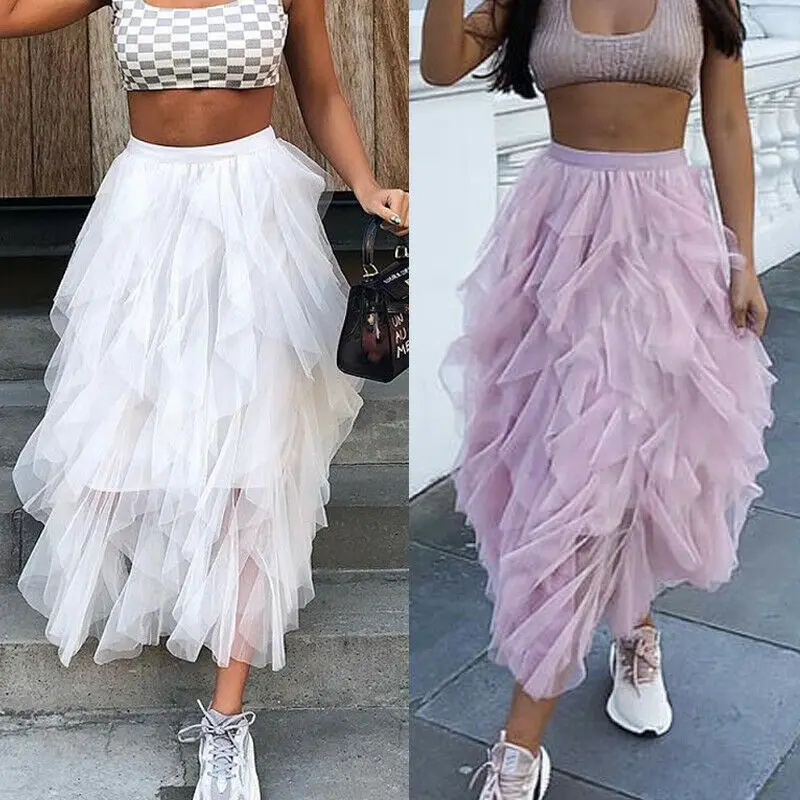 Womens Skirts Fashion Tulle Mesh Sheer Solid Color High Waist Midi  Sweet Skirt Summer Tulle Beach Holdiay Party Skirt Women New