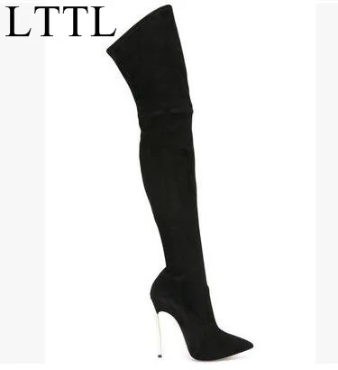 

Cheap Price Black Beige Brown Suede Leather Over The Knee Boots Pointed Toe Blade Heel Long Boots For Women Tight High Boot