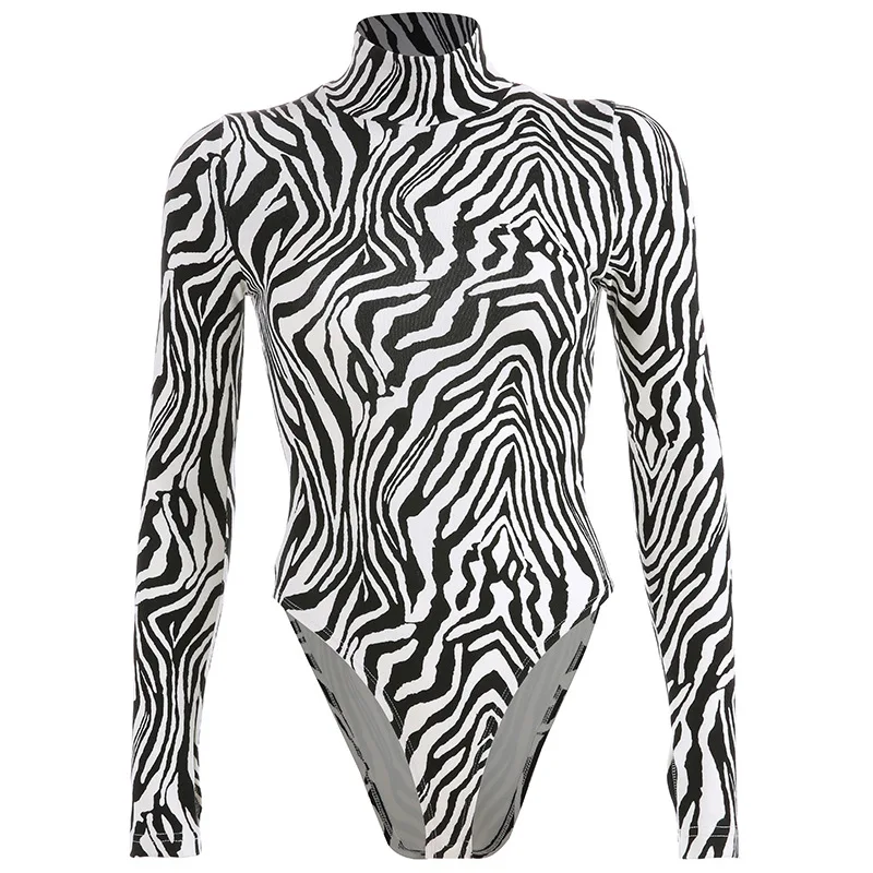Zebra Print Turtleneck Bodysuit Bodycon Long Sleeve Bodysuit Women Black White Cotton Body Womens Skinny Autumn 2018