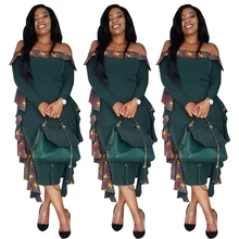 Best Price BAIBAZIN African Woman Dress Fashion Sexy Word Shoulder Long Sleeves With Fluttered Side Knit Dress Best Price BAIBAZIN African Woman Dress Fashion Sexy Word Shoulder Long Sleeves With Fluttered Side Knit Dress