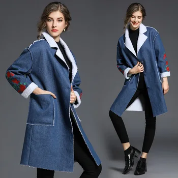 

Winter Autumn Women's High Fashion Loose Turn Down Collar Pockets Plus Velvet Embroidery Cowboy Jeans Trench Female Fleece Coats