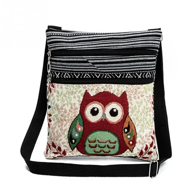 قماش Crossbody حقيبة للنساء خمر مزدوجة سستة البومة المطبوعة حقيبة كتف الإناث صغيرة حقيبة ساعي العرقية نمط قماش Crossbody حقيبة للنساء خمر مزدوجة سستة البومة المطبوعة حقيبة كتف الإناث صغيرة حقيبة ساعي العرقية نمط
