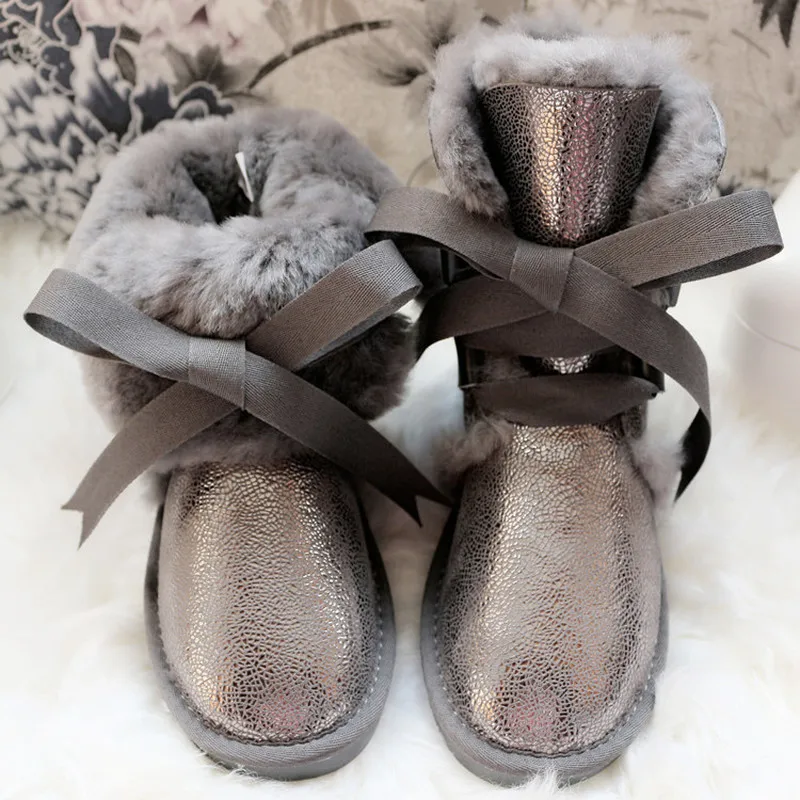 G&Zaco Winter Sheep Skin Snow Boots Lace Cross Ntural Wool Real Leather Waterproof Medium Bow Warm Cotton Boots Women's Shoes Women's Shoes