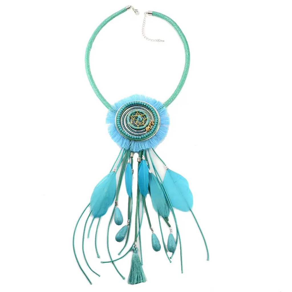 Vintage Statement Dreamcatcher India Tribe Ethnic Tassels Feather Pendant Sweater Necklace Boho Jewelry