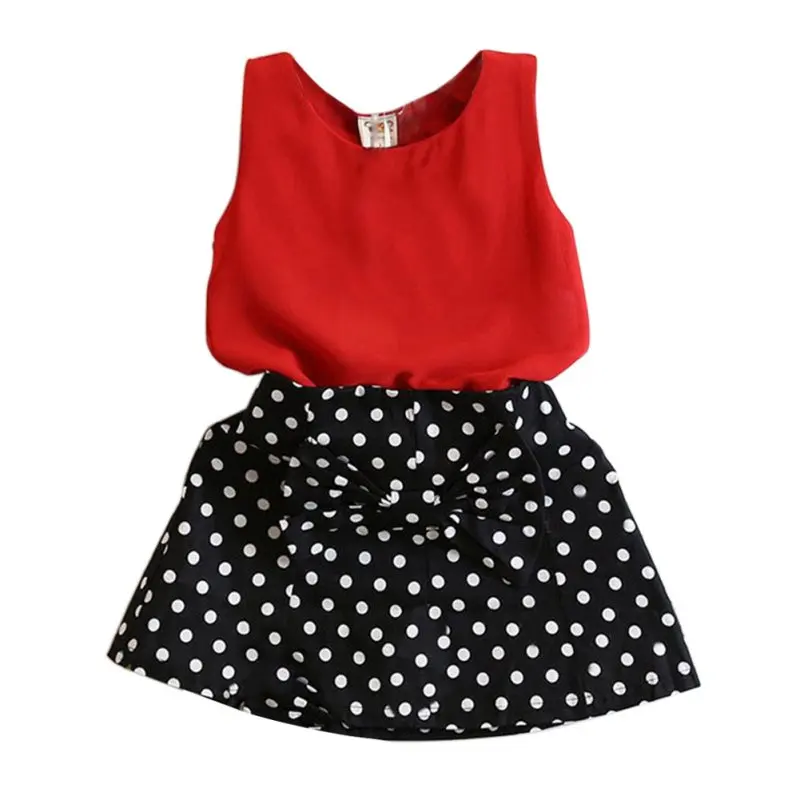 

Summer Kids Girl Baby Clothing Set Sleeveless Chiffon Tops+Polka Dot Bowknot Mini Skirts