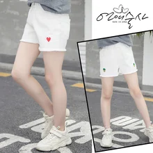 Летние джинсовые шорты для девочек-подростков, для девочек, летние джинсовые штаны ананас черешня, с узором из сердечек, детские летние джинсы c бахромой шорты