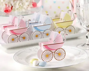 

baby shower party candy favor box --baby stroller favor box in yellow pink and blue color wedding sweet gift box 50pcs/lot