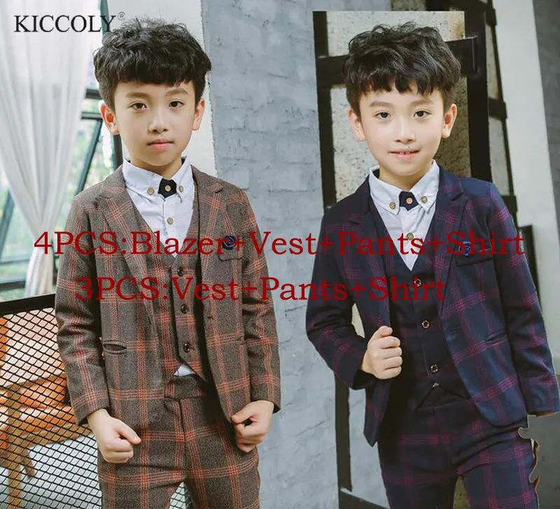 

2017 Gentleman Style Lattice Boy's Formal Suits Spring Blazer+Shirt +Vest+Pants 4 Pcs/Set Children Clothing Sets for Wedding
