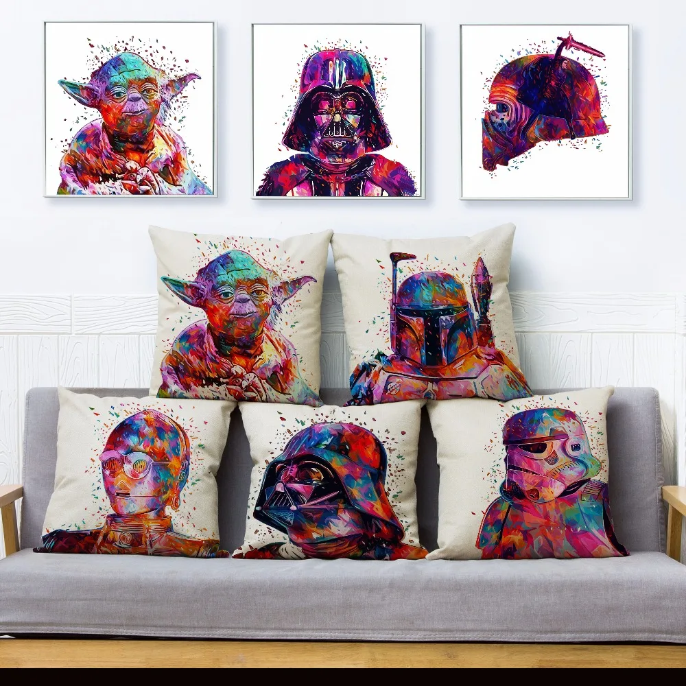 

Classic Colourful Star Wars Print Pillow Cover 45*45cm Cushion Cover Linen Throw Pillows Cases Sofa Home Decor Cushion Covers