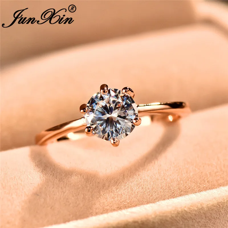JUNXIN радужные кольца с камнем для женщин, 925 серебро/розовое золото, круглый белый циркон, тонкое кольцо для женщин, обручальные кольца CZ
