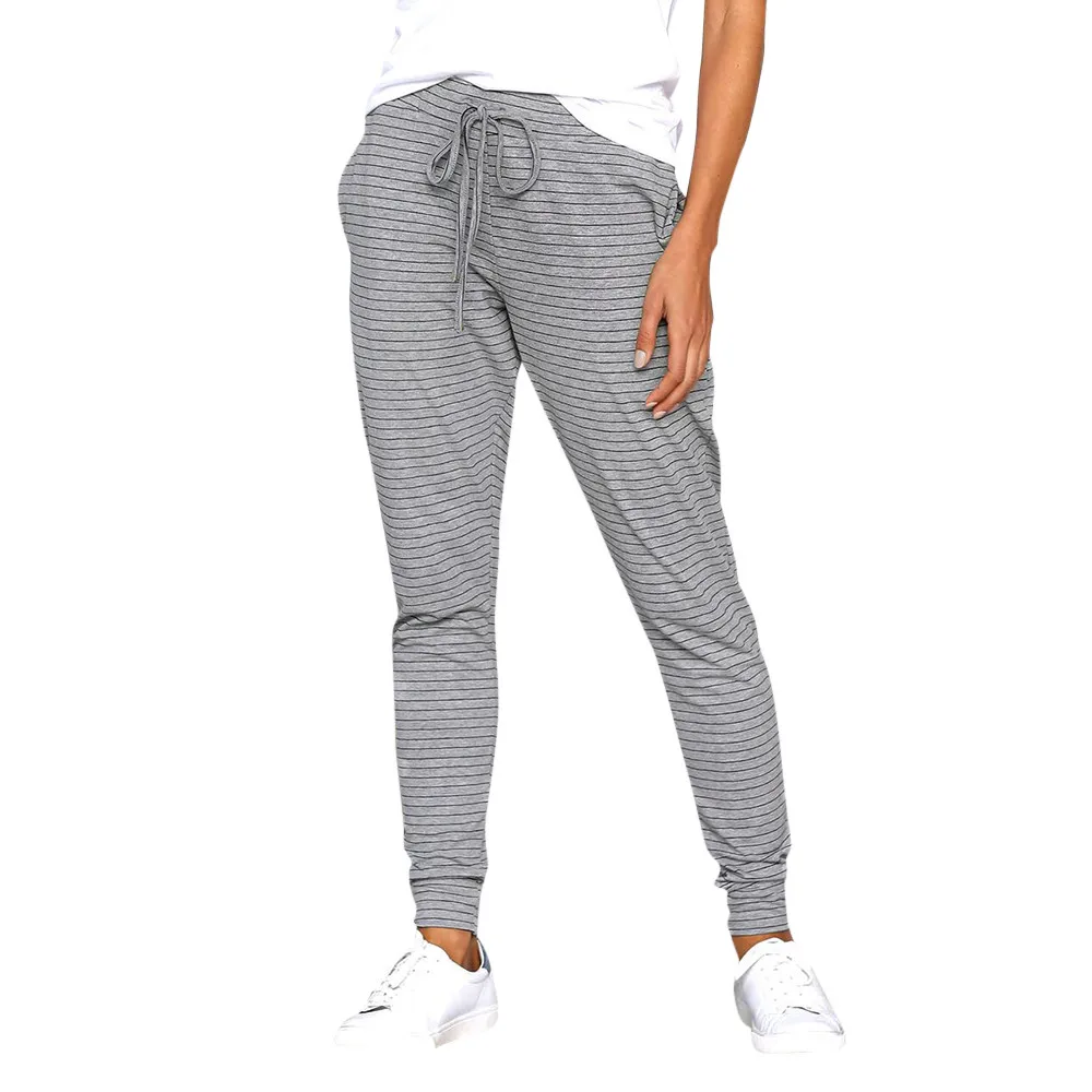 Womens Mid Waist Striped Trousers Ladies Casual Drawstring Pants Women