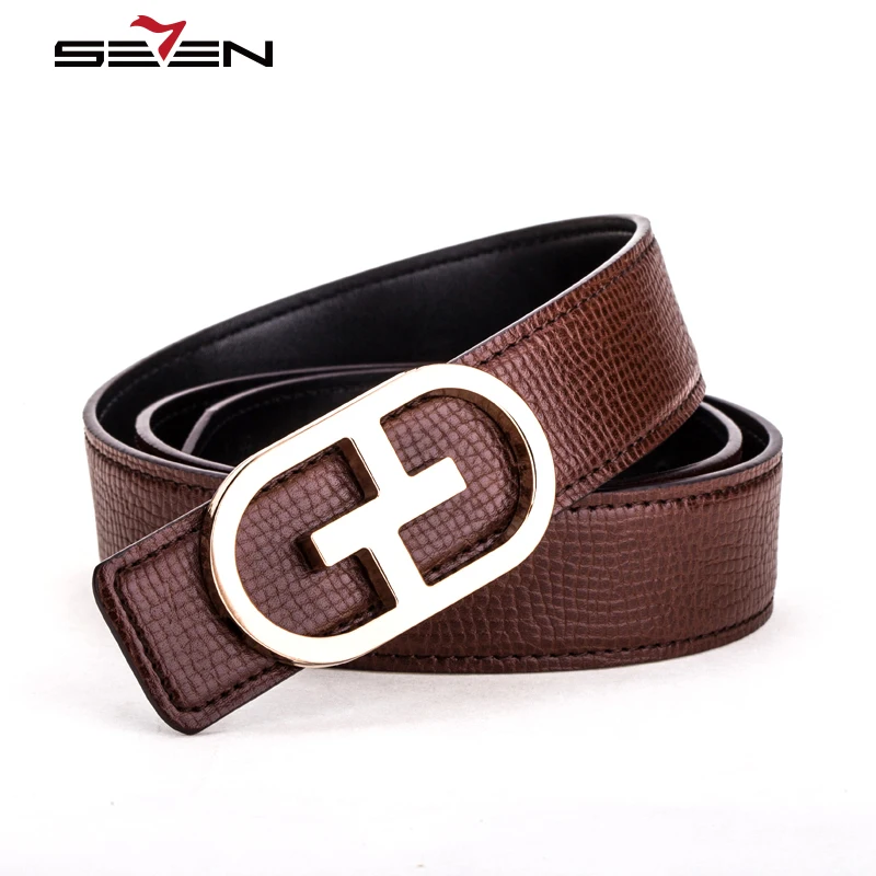 Seven7 2018 Fashion Designer Genuine Leather Brown Belt For Men Women Gold Reversible Buckle ...